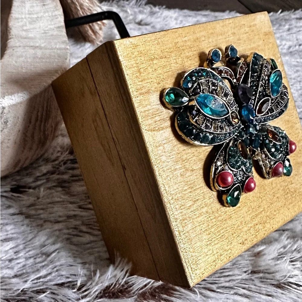 Hand crafted gold wooden trinket box with jeweled butterfly lid